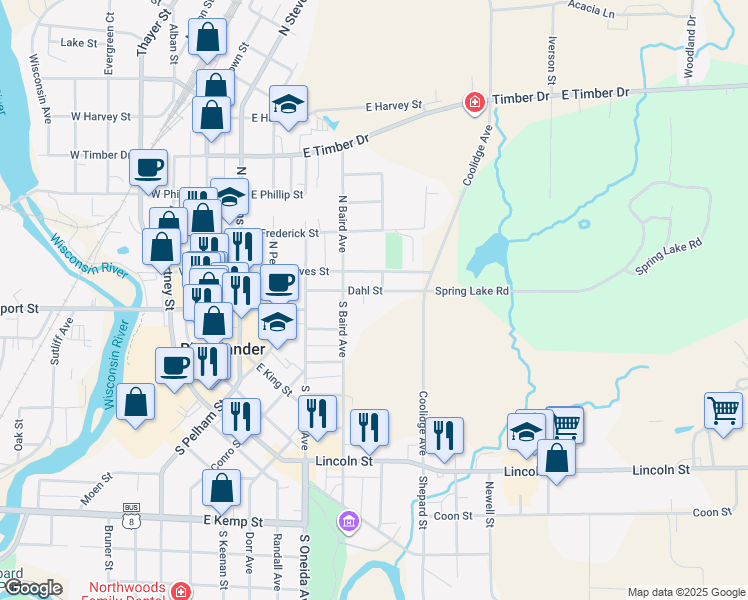 map of restaurants, bars, coffee shops, grocery stores, and more near 21 South Baird Avenue in Rhinelander