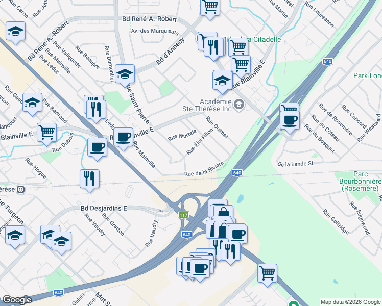 map of restaurants, bars, coffee shops, grocery stores, and more near 311 Rue Éloi Filion in Sainte-Thérèse