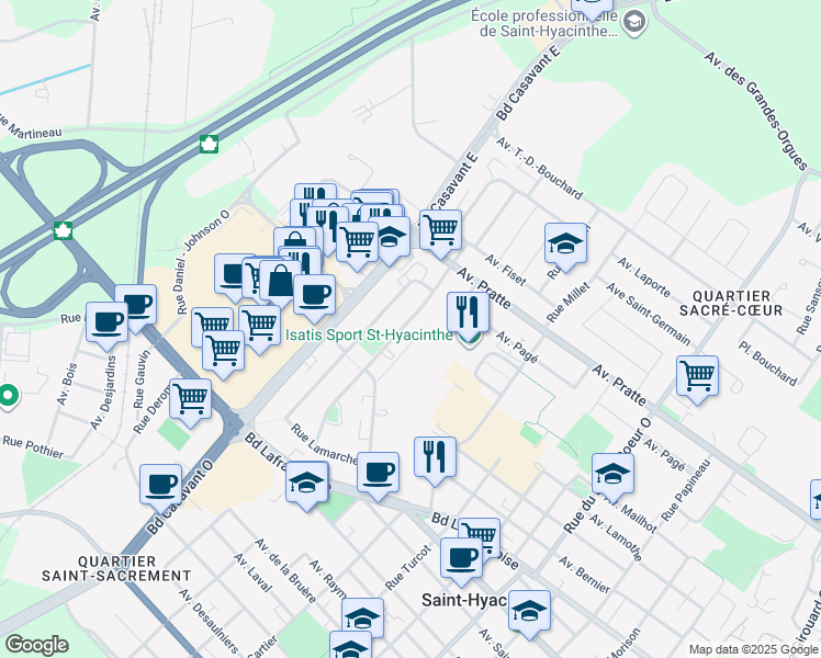 map of restaurants, bars, coffee shops, grocery stores, and more near 795 Rue Rouleau in Saint-Hyacinthe