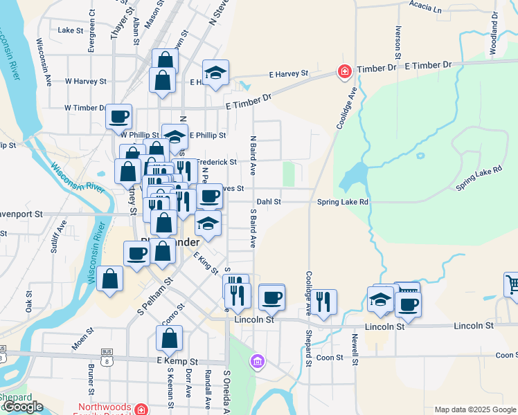 map of restaurants, bars, coffee shops, grocery stores, and more near 306 Dahl Street in Rhinelander