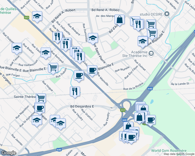 map of restaurants, bars, coffee shops, grocery stores, and more near 19 Rue Mainville in Sainte-Thã©Rã¨Se