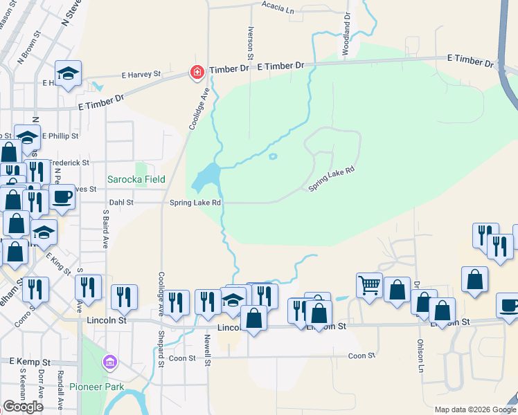 map of restaurants, bars, coffee shops, grocery stores, and more near 85 Spring Lake Road in Rhinelander