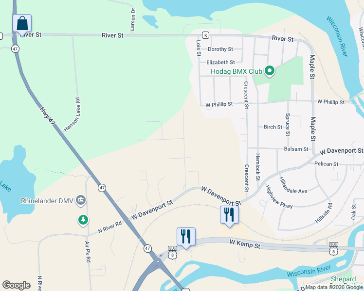 map of restaurants, bars, coffee shops, grocery stores, and more near 1610 Balsam Street in Rhinelander