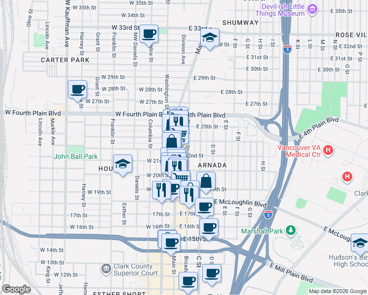 map of restaurants, bars, coffee shops, grocery stores, and more near 2214 Broadway Street in Vancouver