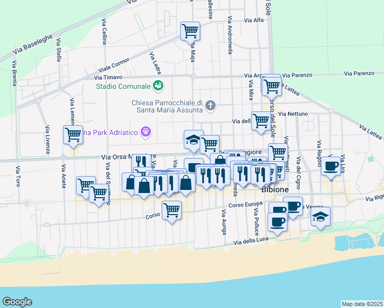 map of restaurants, bars, coffee shops, grocery stores, and more near Via Maia in Bibione