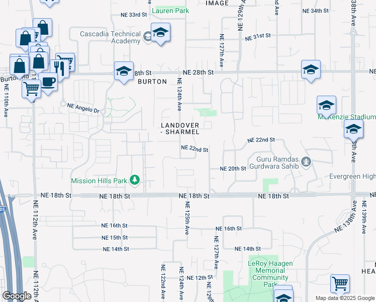 map of restaurants, bars, coffee shops, grocery stores, and more near 12401 Northeast 21st Street in Vancouver