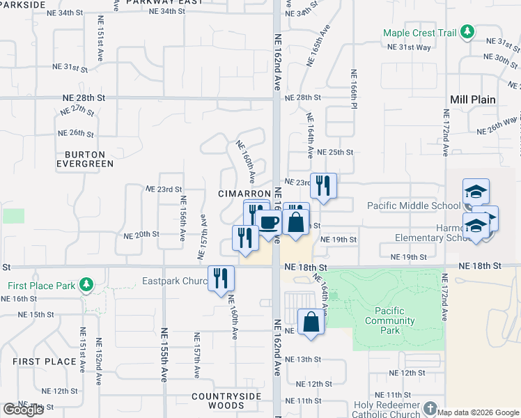 map of restaurants, bars, coffee shops, grocery stores, and more near 16109 Northeast 21st Street in Vancouver