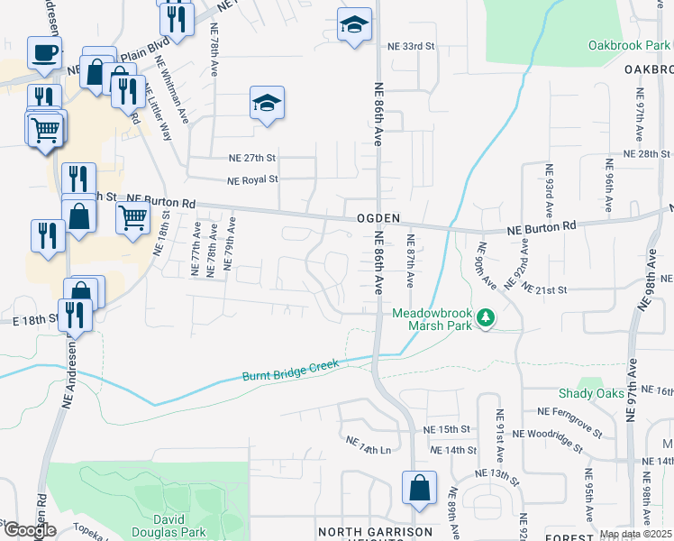 map of restaurants, bars, coffee shops, grocery stores, and more near 2231 Northeast Bridgecreek Avenue in Vancouver
