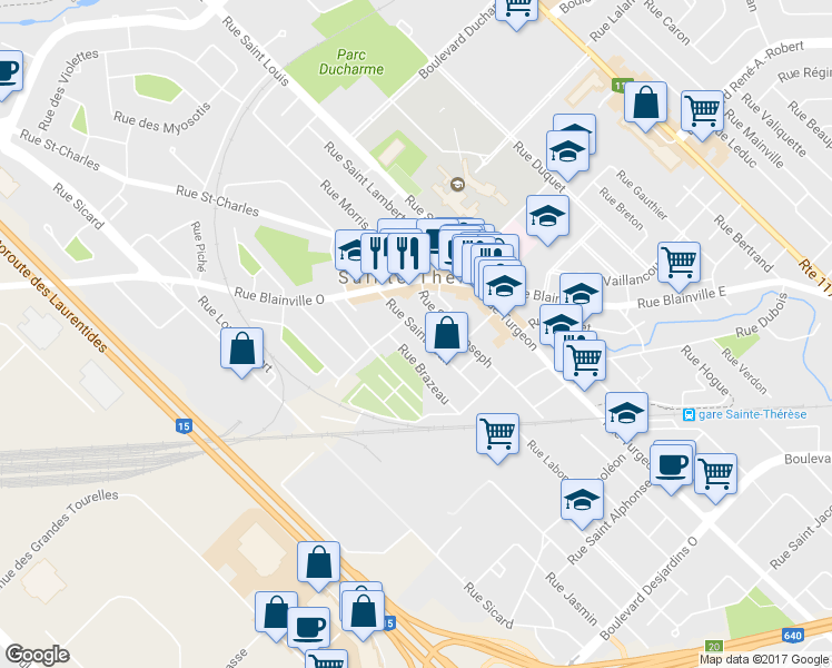 map of restaurants, bars, coffee shops, grocery stores, and more near 36 Rue Saint Jean in Sainte-Thérèse