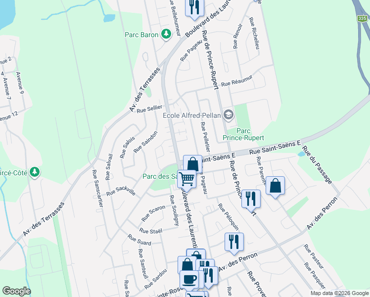 map of restaurants, bars, coffee shops, grocery stores, and more near 6455 Boulevard des Laurentides in Laval