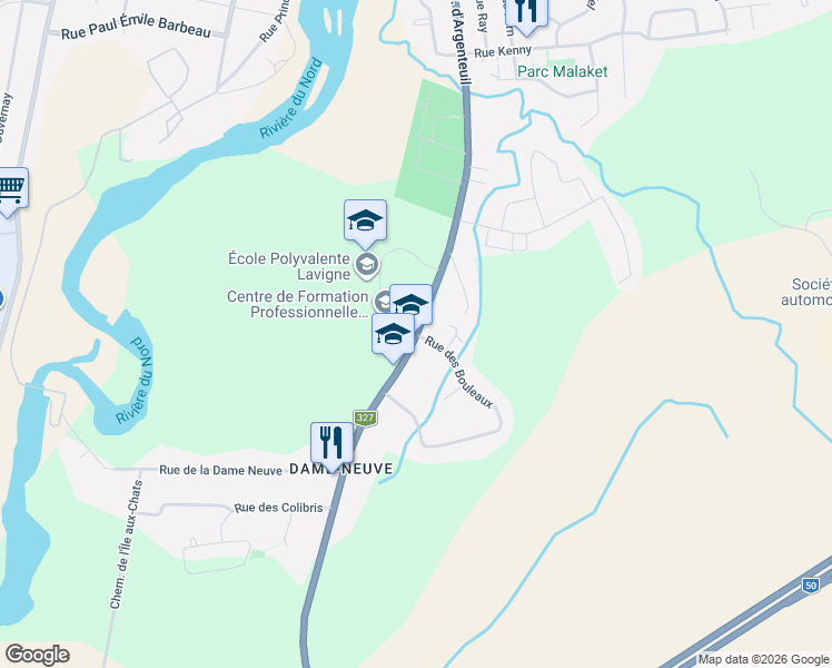 map of restaurants, bars, coffee shops, grocery stores, and more near Avenue d'Argenteuil in Lachute