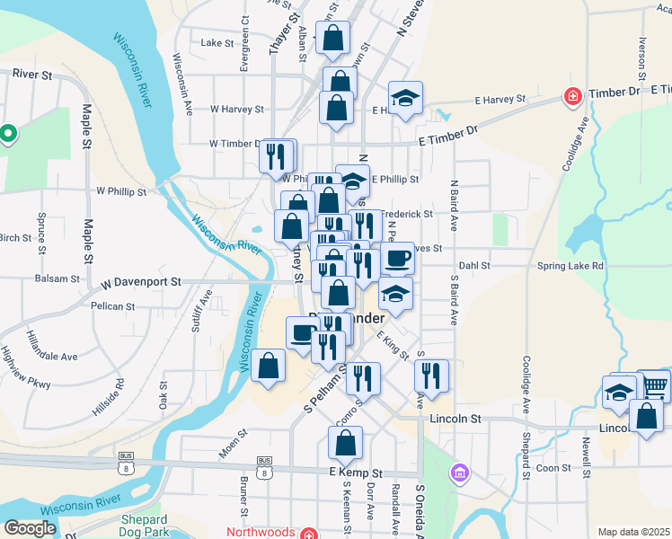 map of restaurants, bars, coffee shops, grocery stores, and more near 24 West Rives Street in Rhinelander