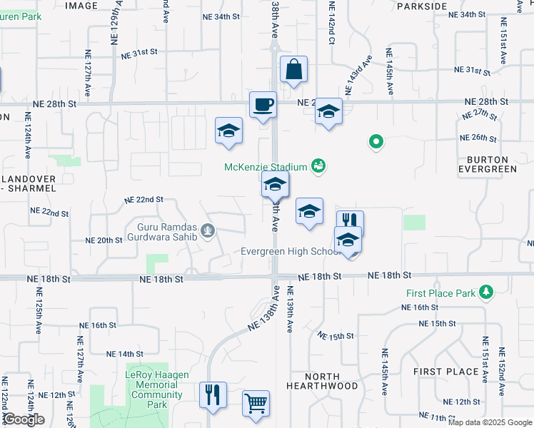 map of restaurants, bars, coffee shops, grocery stores, and more near 2213 Northeast 137th Court in Vancouver