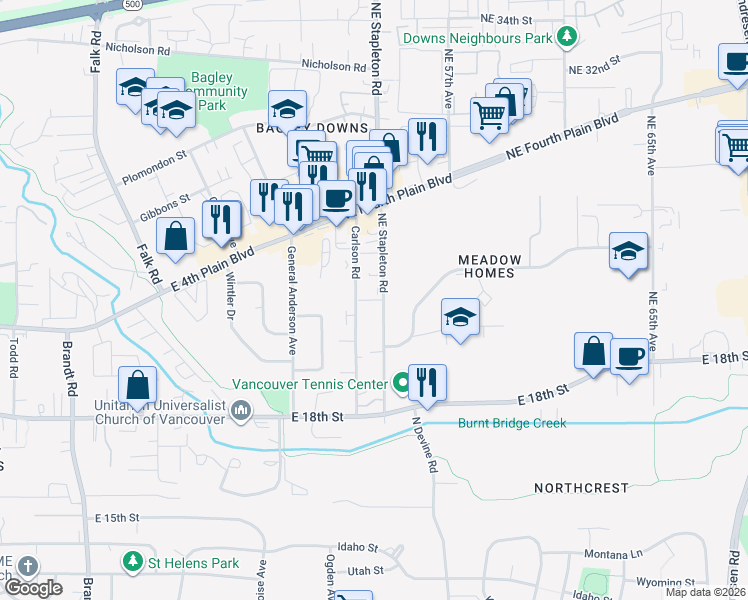 map of restaurants, bars, coffee shops, grocery stores, and more near 2407 Carlson Road in Vancouver