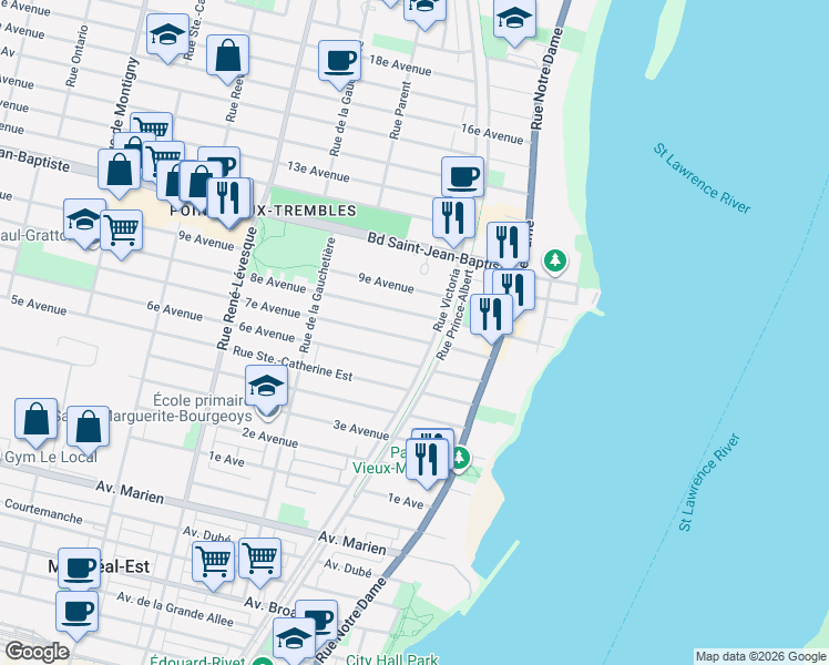 map of restaurants, bars, coffee shops, grocery stores, and more near 715 7e Avenue in Montreal