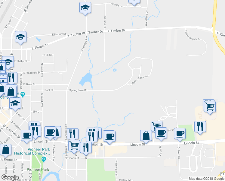 map of restaurants, bars, coffee shops, grocery stores, and more near 169 Spring Lake Road in Rhinelander