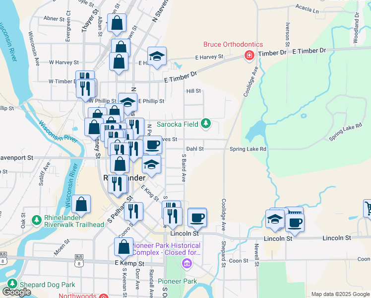 map of restaurants, bars, coffee shops, grocery stores, and more near 306 Dahl Street in Rhinelander