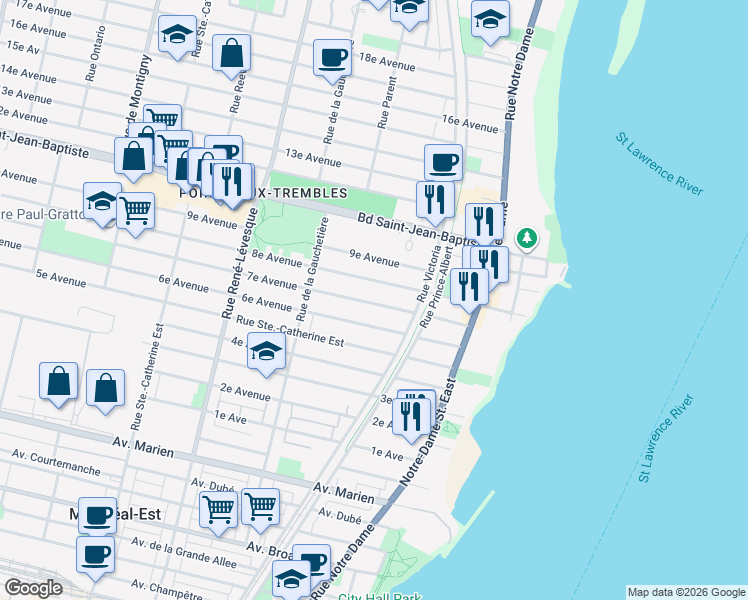 map of restaurants, bars, coffee shops, grocery stores, and more near 775 7e Avenue in Montreal
