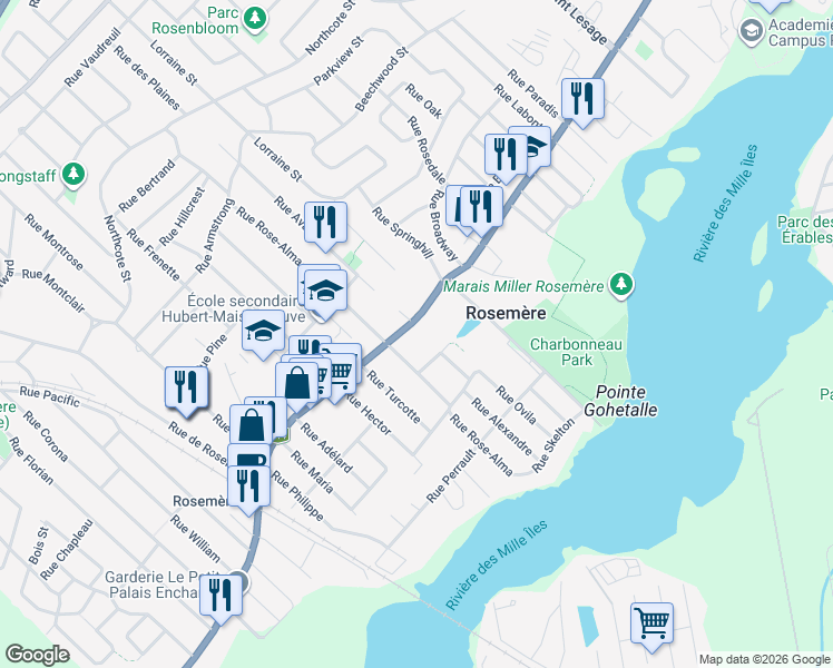 map of restaurants, bars, coffee shops, grocery stores, and more near 388 Chemin de la Grande-Côte in Rosemère