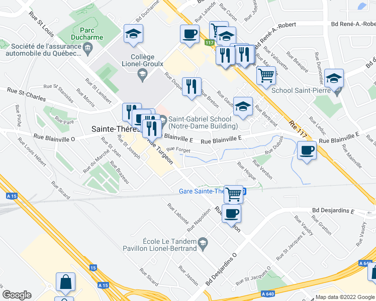 map of restaurants, bars, coffee shops, grocery stores, and more near Rue Forget in Sainte-Thérèse