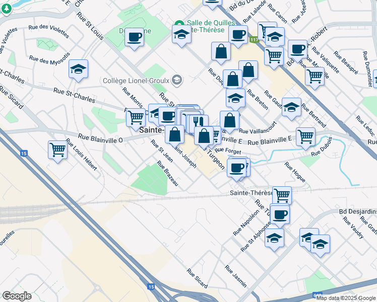 map of restaurants, bars, coffee shops, grocery stores, and more near 16A Rue Turgeon in Sainte-Thérèse