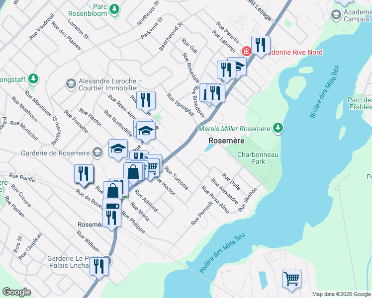 map of restaurants, bars, coffee shops, grocery stores, and more near 388 Chemin de la Grande-Côte in Rosemère