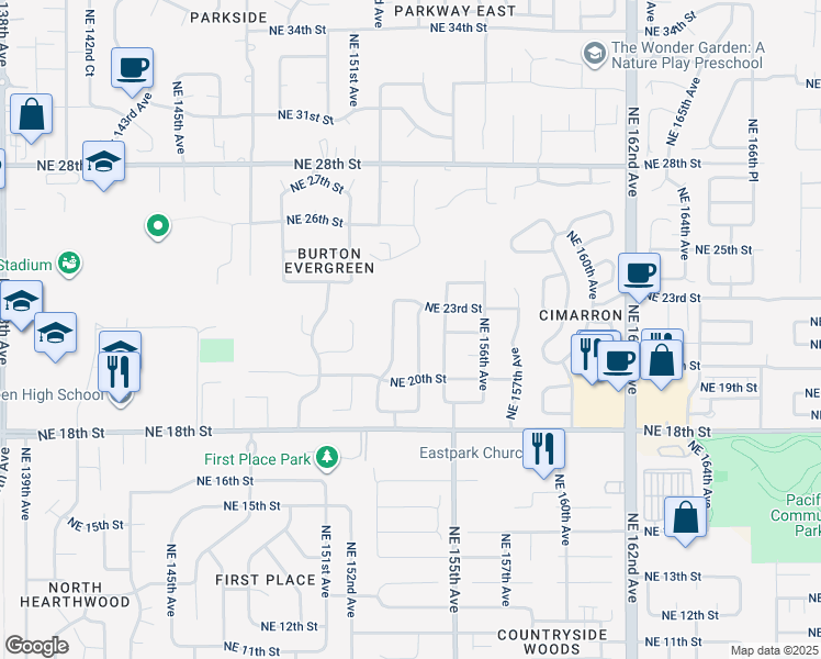 map of restaurants, bars, coffee shops, grocery stores, and more near 2202 Northeast 154th Avenue in Vancouver