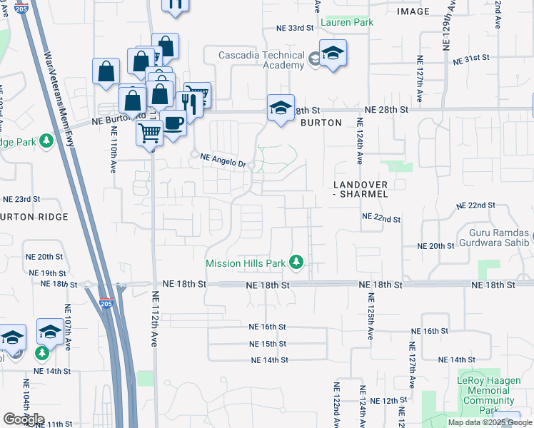 map of restaurants, bars, coffee shops, grocery stores, and more near 11768 Northeast 23rd Street in Vancouver