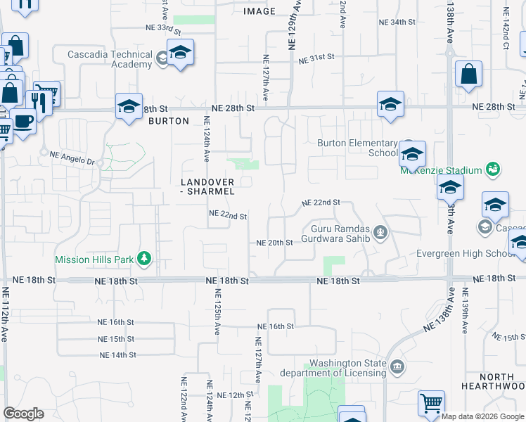 map of restaurants, bars, coffee shops, grocery stores, and more near 2207 Northeast 126th Avenue in Vancouver