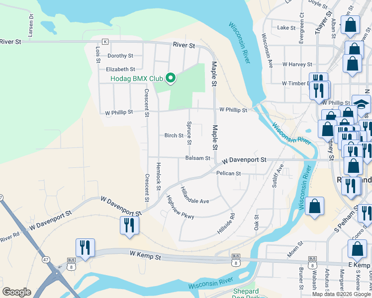 map of restaurants, bars, coffee shops, grocery stores, and more near 707 Birch Street in Rhinelander
