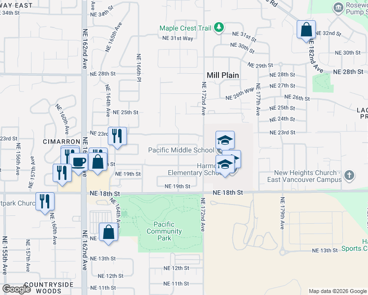 map of restaurants, bars, coffee shops, grocery stores, and more near 17007 Northeast 22nd Street in Vancouver