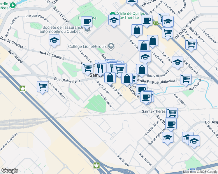 map of restaurants, bars, coffee shops, grocery stores, and more near 34a Rue Saint-Joseph in Sainte-Thérèse