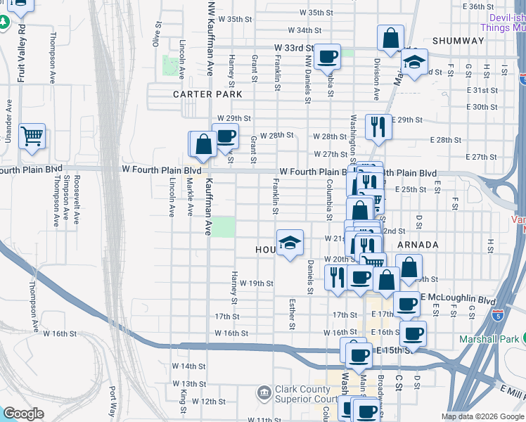 map of restaurants, bars, coffee shops, grocery stores, and more near 2313 Grant Street in Vancouver