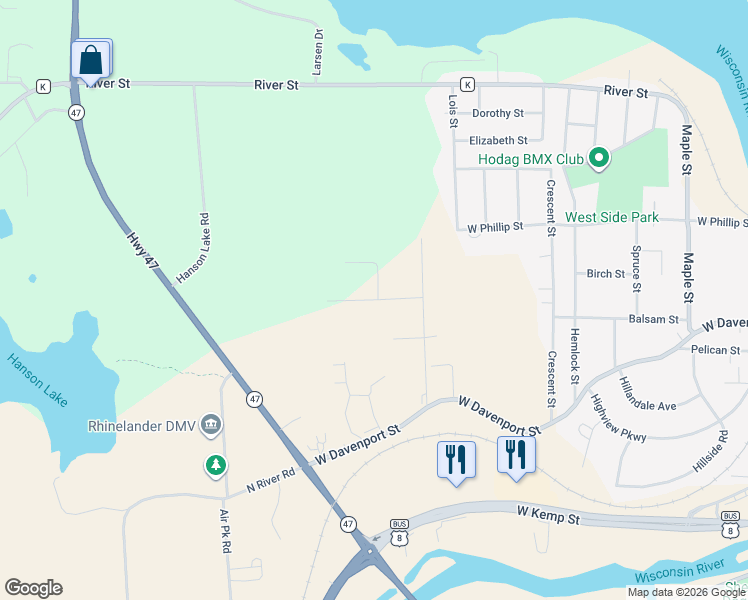 map of restaurants, bars, coffee shops, grocery stores, and more near 1615 West Wind Drive in Rhinelander