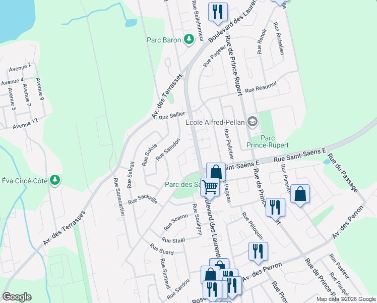 map of restaurants, bars, coffee shops, grocery stores, and more near 6255 Rue Sabourin in Laval