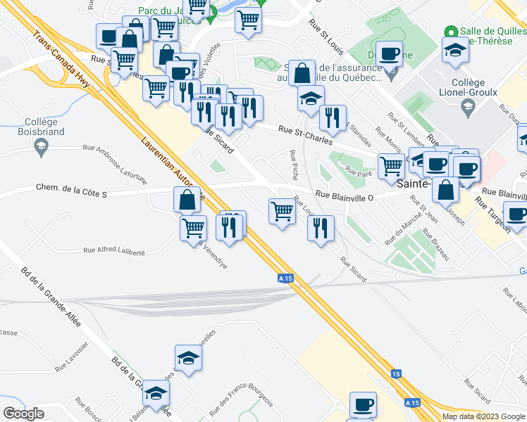 map of restaurants, bars, coffee shops, grocery stores, and more near 5 Carré Sicard in Sainte-Thérèse