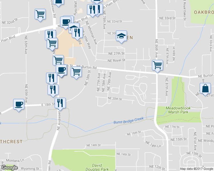 map of restaurants, bars, coffee shops, grocery stores, and more near 2122 Northeast 79th Avenue in Vancouver