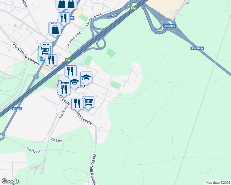 map of restaurants, bars, coffee shops, grocery stores, and more near 19 Via Divisione Acqui in Dalmine