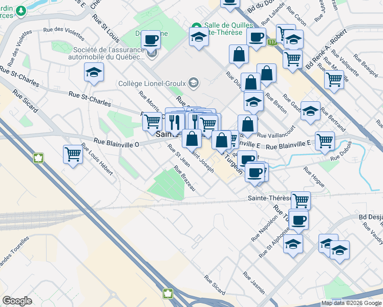 map of restaurants, bars, coffee shops, grocery stores, and more near 34a Rue Saint-Joseph in Sainte-Thérèse