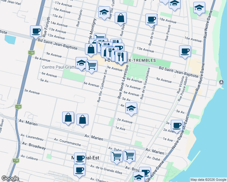 map of restaurants, bars, coffee shops, grocery stores, and more near 1236 6e Avenue in Montréal