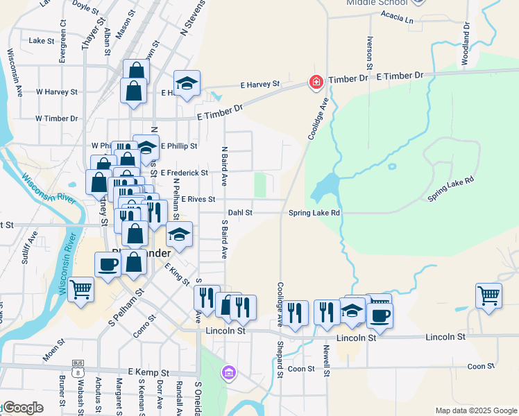 map of restaurants, bars, coffee shops, grocery stores, and more near 409 Dahl Street in Rhinelander