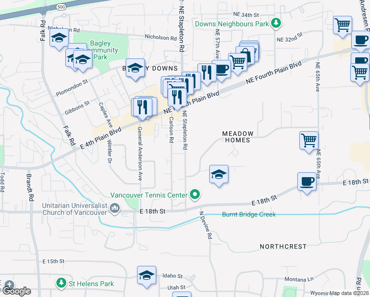 map of restaurants, bars, coffee shops, grocery stores, and more near 2501 Northeast Stapleton Road in Vancouver