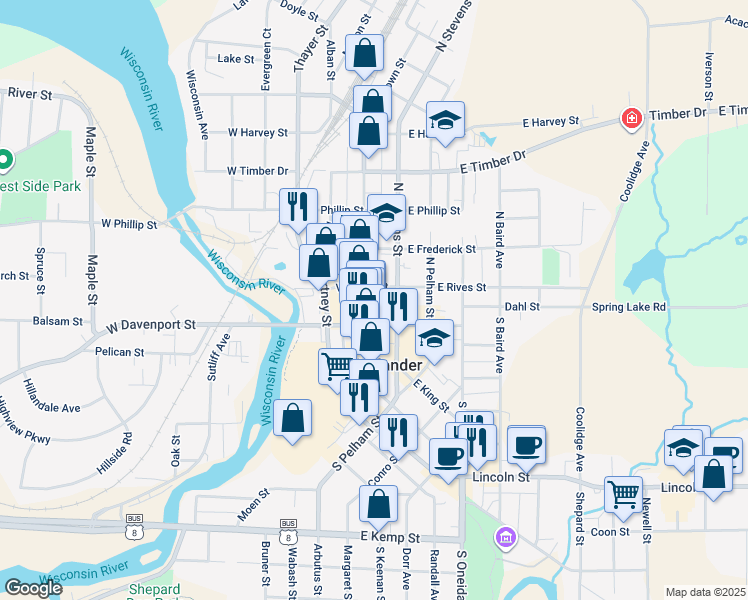 map of restaurants, bars, coffee shops, grocery stores, and more near 24 West Rives Street in Rhinelander
