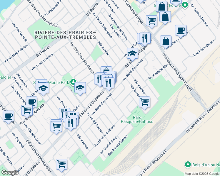 map of restaurants, bars, coffee shops, grocery stores, and more near in Montreal
