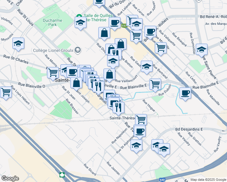 map of restaurants, bars, coffee shops, grocery stores, and more near 5 Rue Lachaine in Sainte-Thérèse