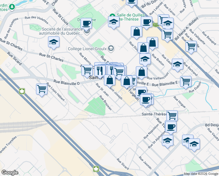 map of restaurants, bars, coffee shops, grocery stores, and more near 34 Rue St Joseph in Sainte-Thérèse