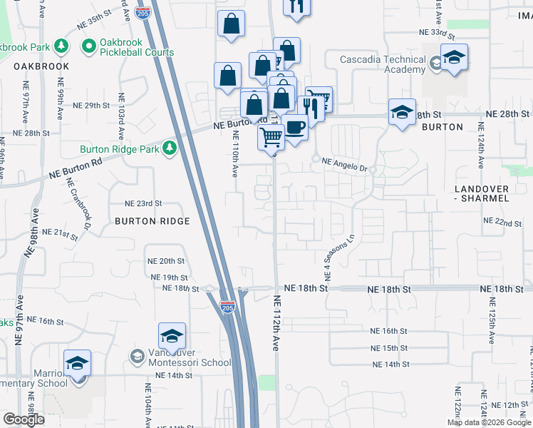 map of restaurants, bars, coffee shops, grocery stores, and more near 11002 Northeast 23rd Circle in Vancouver