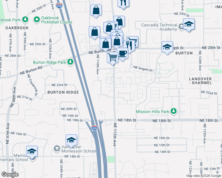 map of restaurants, bars, coffee shops, grocery stores, and more near 11002 Northeast 23rd Circle in Vancouver