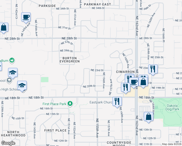 map of restaurants, bars, coffee shops, grocery stores, and more near 2207 Northeast 154th Avenue in Vancouver