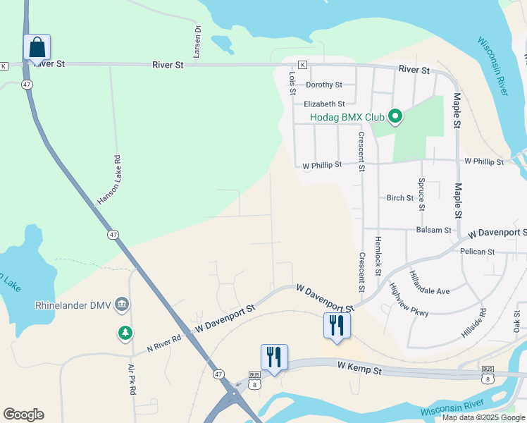map of restaurants, bars, coffee shops, grocery stores, and more near 237 Westhill Drive in Rhinelander